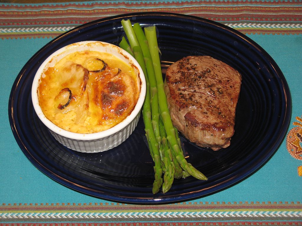 Beef Tenderloin Steak, Scalloped Potatoes and asparagus