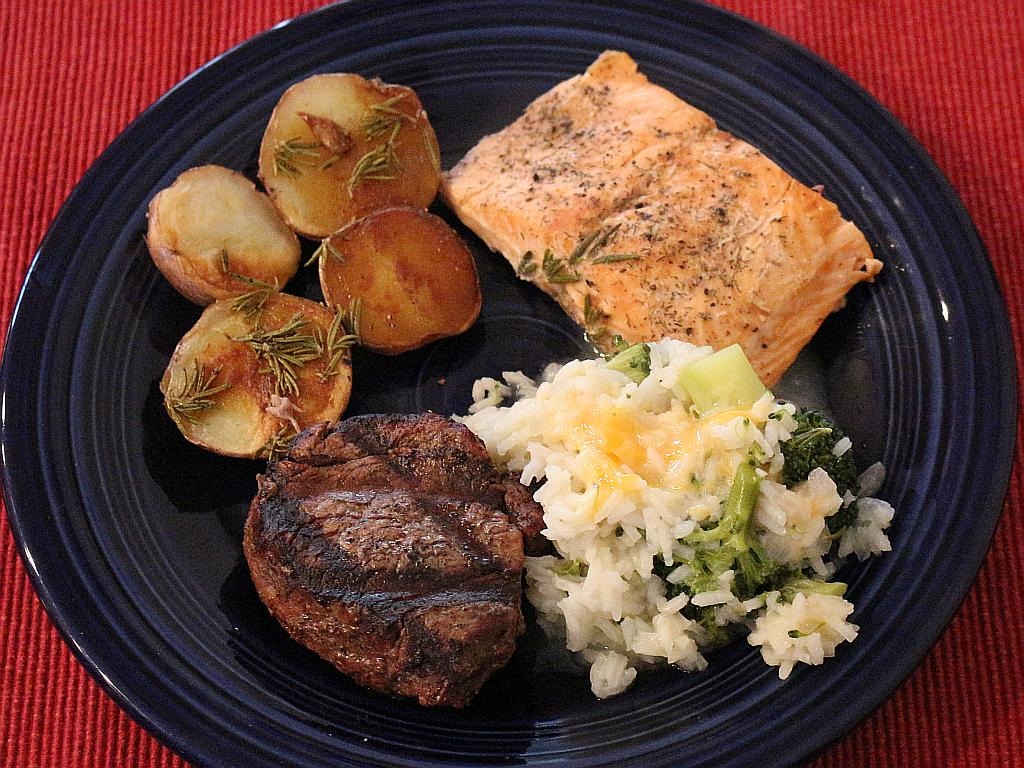 Grilled Salmon and Beef Tenderloin Steaks