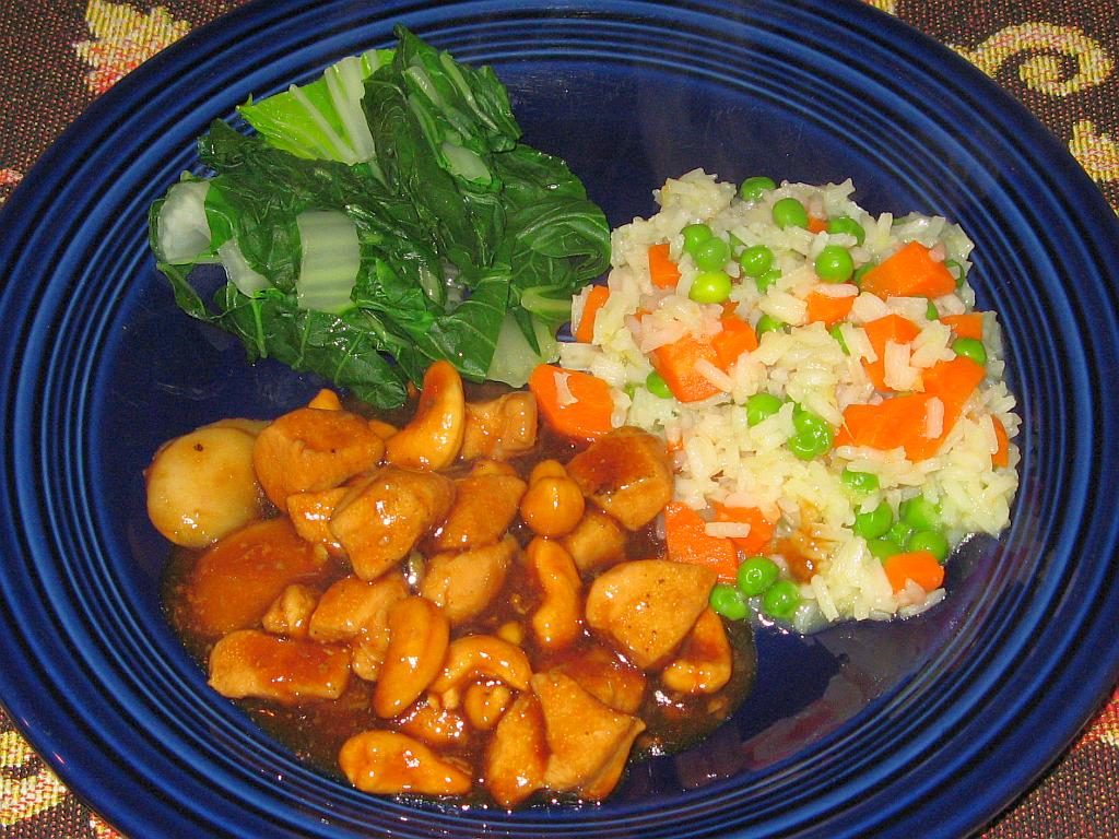 Chinese Cashew Chicken with Confetti Rice and Bok Choi