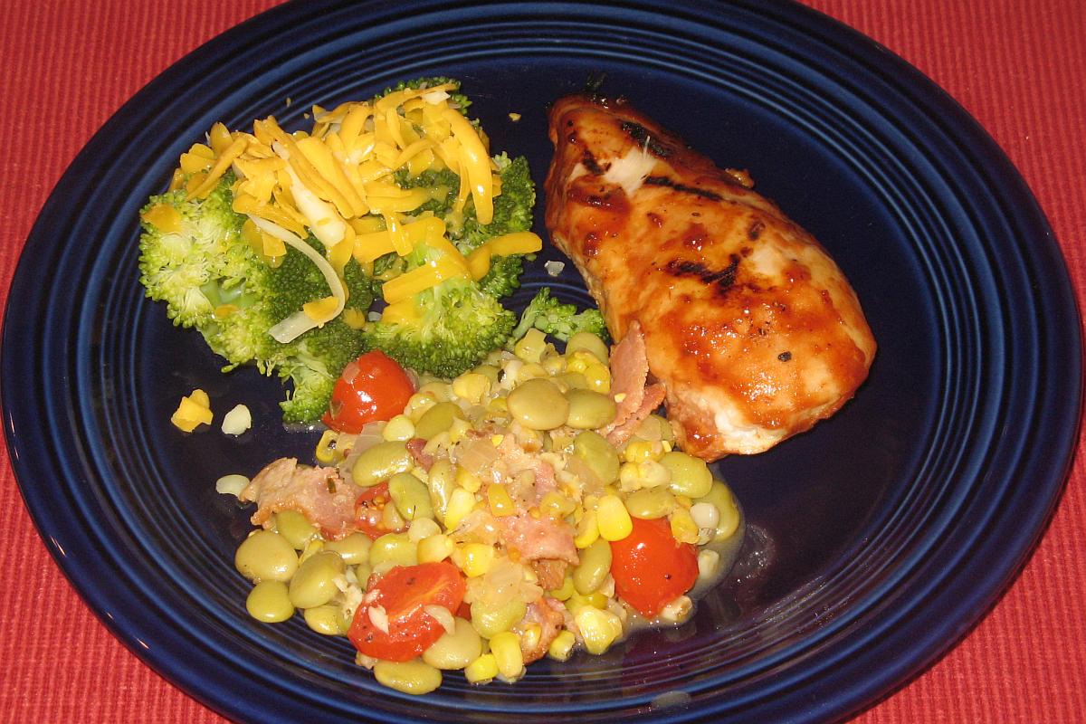 BBQ Chicken with Succotash and Cheesy Broccoli